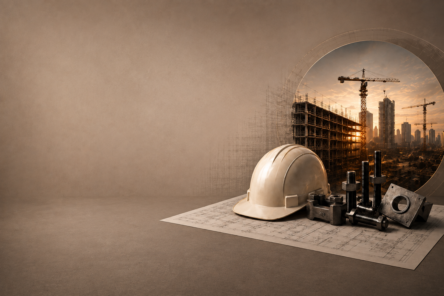 Construction site with cranes and steel structures at dusk